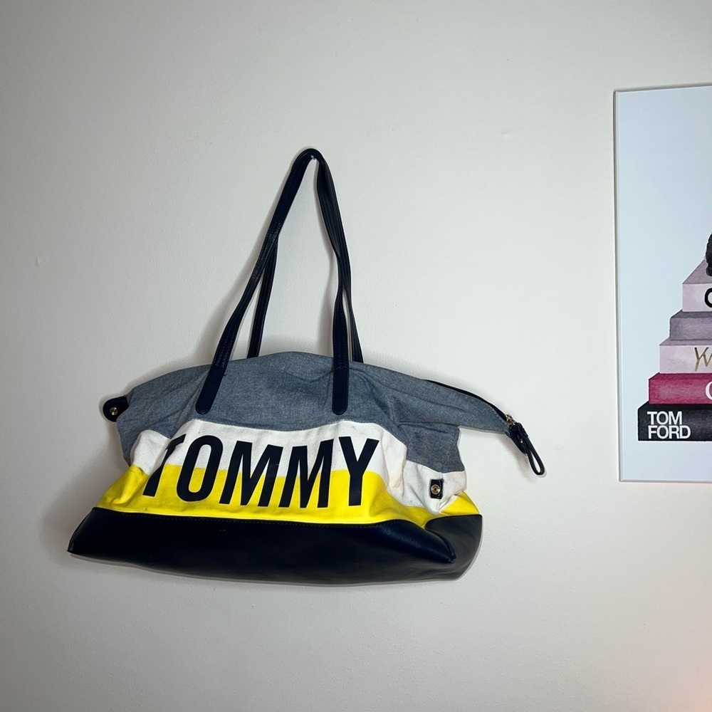 RARE Yellow Tommy Hilfiger Canvas Beach Bag Tote Satchel overnight purse